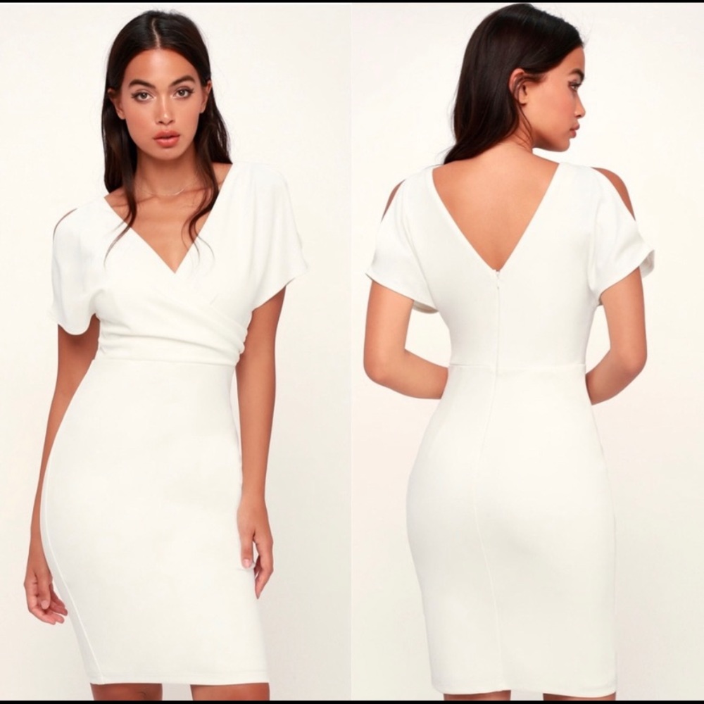 Lulu’s Raquel white cold shoulder wrap dress